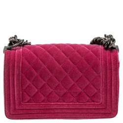 Pre Owned Chanel Fuchsia Quilted Velvet Small Boy Flap Bag