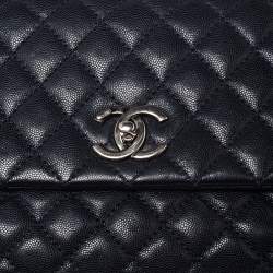 Pre Owned Chanel Navy Blue Quilted Caviar Leather Small Coco Top Handle Bag