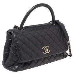 Pre Owned Chanel Navy Blue Quilted Caviar Leather Small Coco Top Handle Bag