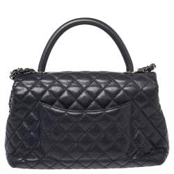 Pre Owned Chanel Navy Blue Quilted Caviar Leather Small Coco Top Handle Bag