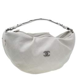 Pre Owned Chanel White Quilted Caviar Leather Outdoor Hobo