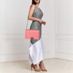 Pre Owned Chanel Pink Chevron Leather New Medium Boy Flap Bag