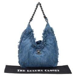 Pre Owned Chanel Blue Quilted Denim Fringe CC Hobo