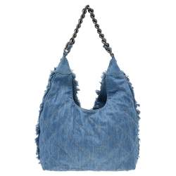Pre Owned Chanel Blue Quilted Denim Fringe CC Hobo