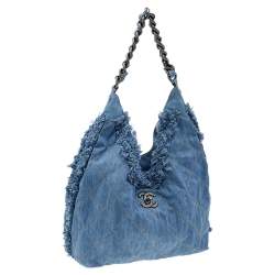 Pre Owned Chanel Blue Quilted Denim Fringe CC Hobo