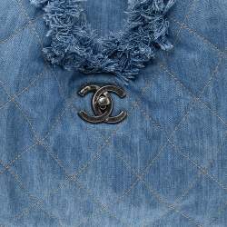 Pre Owned Chanel Blue Quilted Denim Fringe CC Hobo