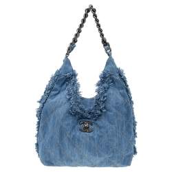Pre Owned Chanel Blue Quilted Denim Fringe CC Hobo