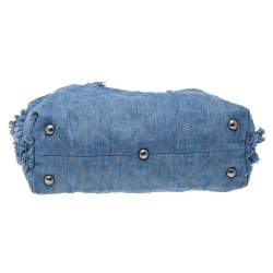 Pre Owned Chanel Blue Quilted Denim Fringe CC Hobo