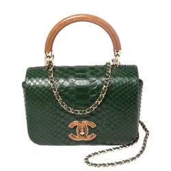 Pre Owned Chanel Green Python Knock on the Wood Top Handle Bag