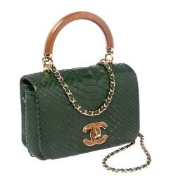 Pre Owned Chanel Green Python Knock on the Wood Top Handle Bag