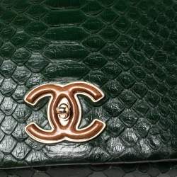 Pre Owned Chanel Green Python Knock on the Wood Top Handle Bag
