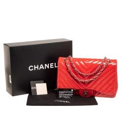 Pre Owned Chanel Coral Chevron Patent Leather Jumbo Classic Flap Bag