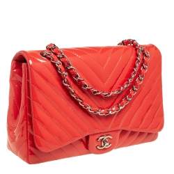 Pre Owned Chanel Coral Chevron Patent Leather Jumbo Classic Flap Bag