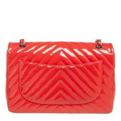Pre Owned Chanel Coral Chevron Patent Leather Jumbo Classic Flap Bag