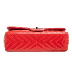 Pre Owned Chanel Coral Chevron Patent Leather Jumbo Classic Flap Bag