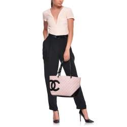 Pre Owned Chanel Pink/Black Quilted Leather Large Ligne Cambon Tote Bag