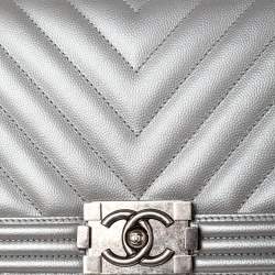 Chanel Metallic Grey Chevron Leather Medium Boy Flap Bag