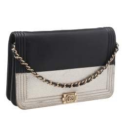 Chanel Black/Metallic Gold Leather Boy Wallet On Chain