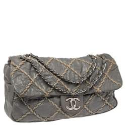 Pre Owned Chanel Grey Crinkled Leather Ultra Stitch Classic Flap Bag