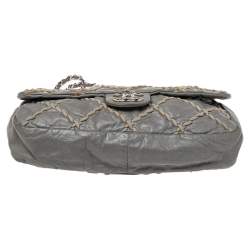 Pre Owned Chanel Grey Crinkled Leather Ultra Stitch Classic Flap Bag
