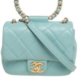 Pre Owned Chanel Blue Quilted Leather Small Circular Top Handle Bag