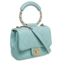 Pre Owned Chanel Blue Quilted Leather Small Circular Top Handle Bag