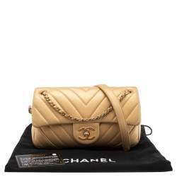 Pre Owned Chanel Gold Chevron Quilted Leather Medium Easy Flap Bag