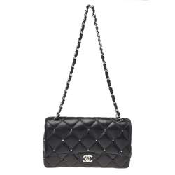 Pre Owned Chanel Black Studded Leather Medium Classic Single Flap Bag