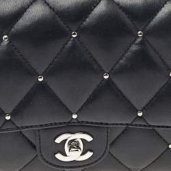 Pre Owned Chanel Black Studded Leather Medium Classic Single Flap Bag
