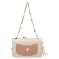 Pre Owned حقيبة شانيل فينتدج 2001 ران واي قلاب تويد وجلد بيج مزخرف لؤلؤ كاميليا 