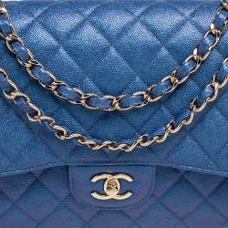 Pre Owned Chanel Metallic Blue Caviar Quilted Leather Jumbo Classic Double Flap Bag
