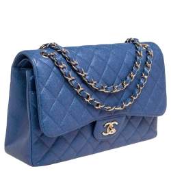 Pre Owned Chanel Metallic Blue Caviar Quilted Leather Jumbo Classic Double Flap Bag