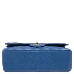 Pre Owned Chanel Metallic Blue Caviar Quilted Leather Jumbo Classic Double Flap Bag