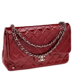 Chanel Red Quilted Patent Leather Jumbo Classic Double Flap Bag