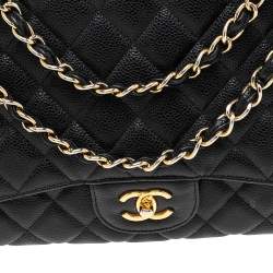 Pre Owned Chanel Black Quilted Caviar Leather Maxi Classic Single Flap Bag