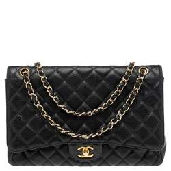 Pre Owned Chanel Black Quilted Caviar Leather Maxi Classic Single Flap Bag
