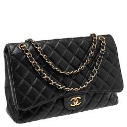 Pre Owned Chanel Black Quilted Caviar Leather Maxi Classic Single Flap Bag