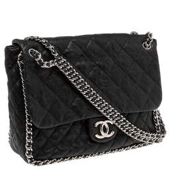 مملوكة مسبقًا حقيبة كتف شانيل ماكسي جلد أسود بسلسلة ملتفة وقلاب