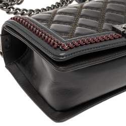 Pre Owned Chanel Grey/Olive Green Quilted Leather Chain Around Medium Boy Flap Top Handle Bag
