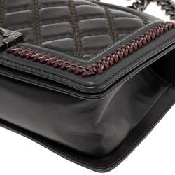 Pre Owned Chanel Grey/Olive Green Quilted Leather Chain Around Medium Boy Flap Top Handle Bag