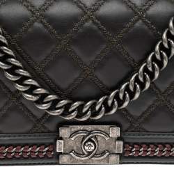 Pre Owned Chanel Grey/Olive Green Quilted Leather Chain Around Medium Boy Flap Top Handle Bag
