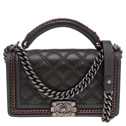 Pre Owned Chanel Grey/Olive Green Quilted Leather Chain Around Medium Boy Flap Top Handle Bag
