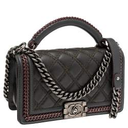 Pre Owned Chanel Grey/Olive Green Quilted Leather Chain Around Medium Boy Flap Top Handle Bag