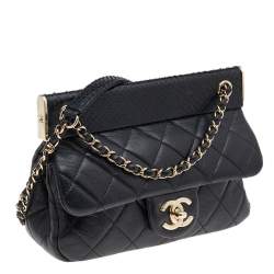 Pre Owned Chanel Black Quilted Leather And Python Classic Frame Flap Bag