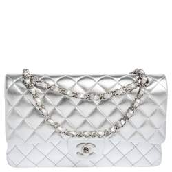 Chanel Silver Quilted Leather Medium Classic Double Flap Bag