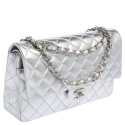 Chanel Silver Quilted Leather Medium Classic Double Flap Bag