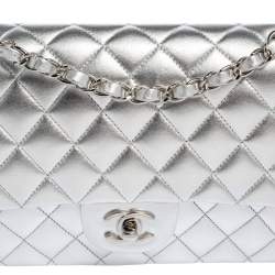 Chanel Silver Quilted Leather Medium Classic Double Flap Bag