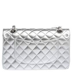 Chanel Silver Quilted Leather Medium Classic Double Flap Bag