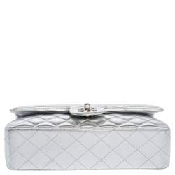 Chanel Silver Quilted Leather Medium Classic Double Flap Bag