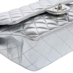 Chanel Silver Quilted Leather Medium Classic Double Flap Bag